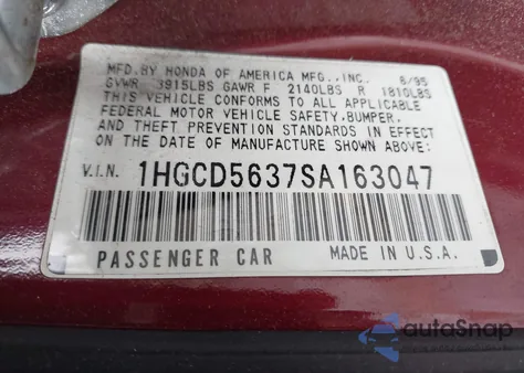 1995 Honda Accord Lx/Ex z USA, uszkodzony, nr VIN 1HGCD5637SA163047